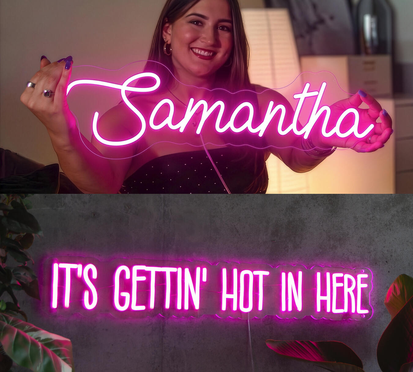 Two pink neon signs with monoline font types